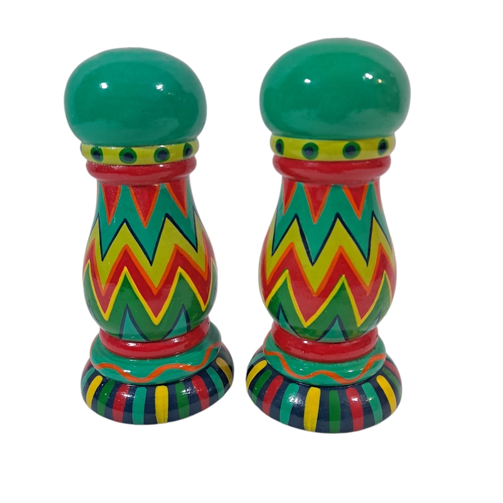 Hand Painted Vibrant Multicolor Salt & Pepper Shaker Set With Plastic Stoppers